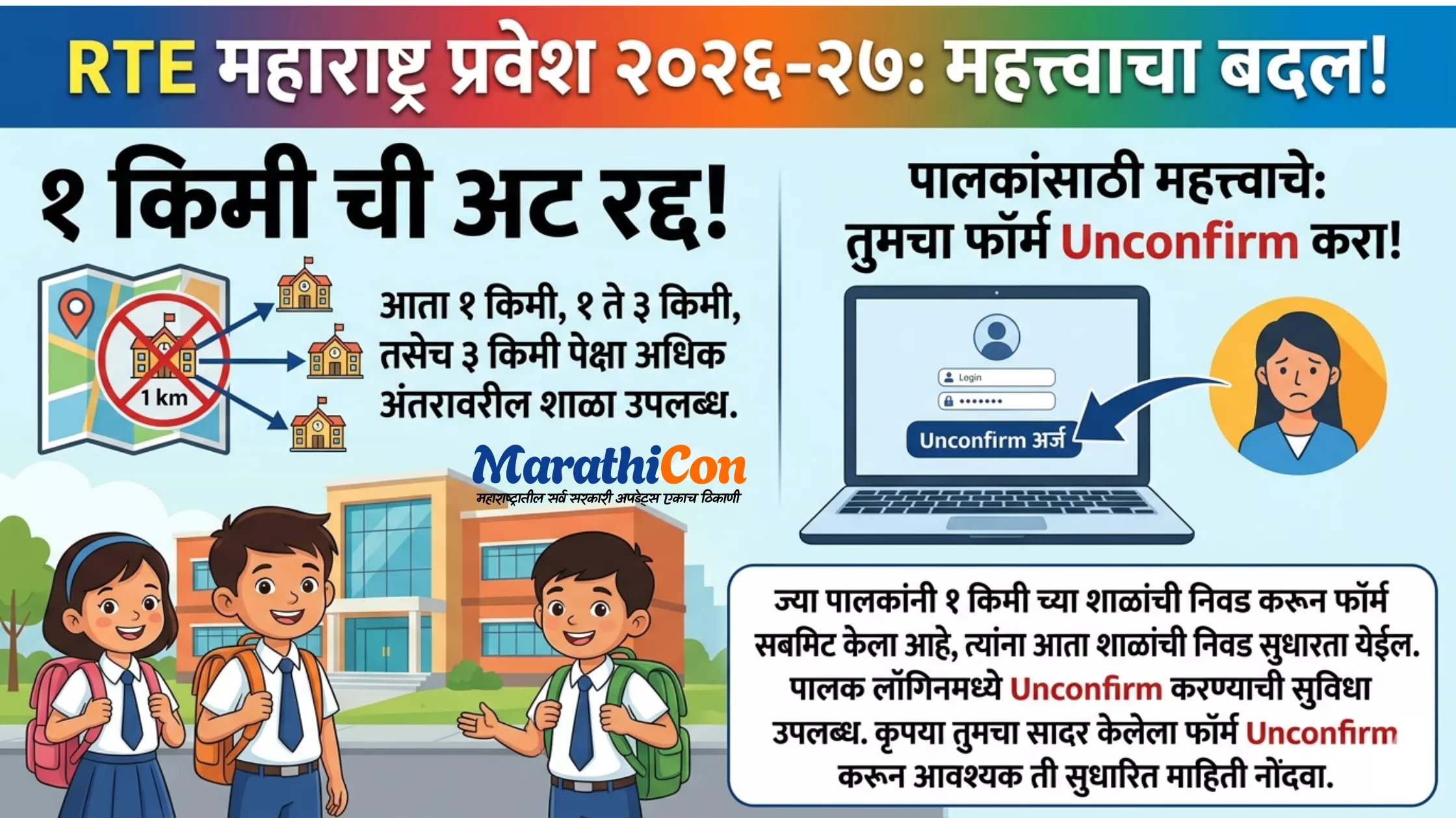RTE Maharashtra 2026 27 Registration १ किमी अंतराची अट रद्द पालकांसाठी मोठी बातमी आणि सुधारित अर्ज प्रक्रिया