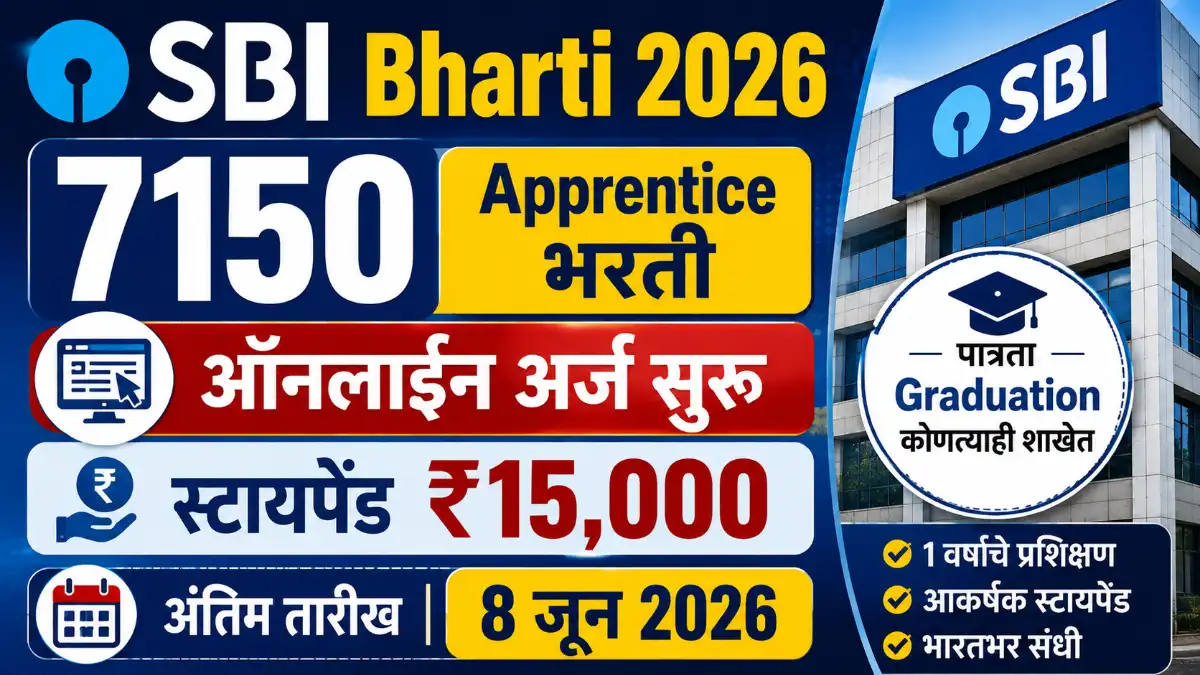 SBI Bharti 2026 7150 Apprentice भरती ऑनलाइन अर्ज सुरू स्टायपेंड ₹15,000 अंतिम तारीख 8 जून 2026 SBI apprentice Bharti 2026